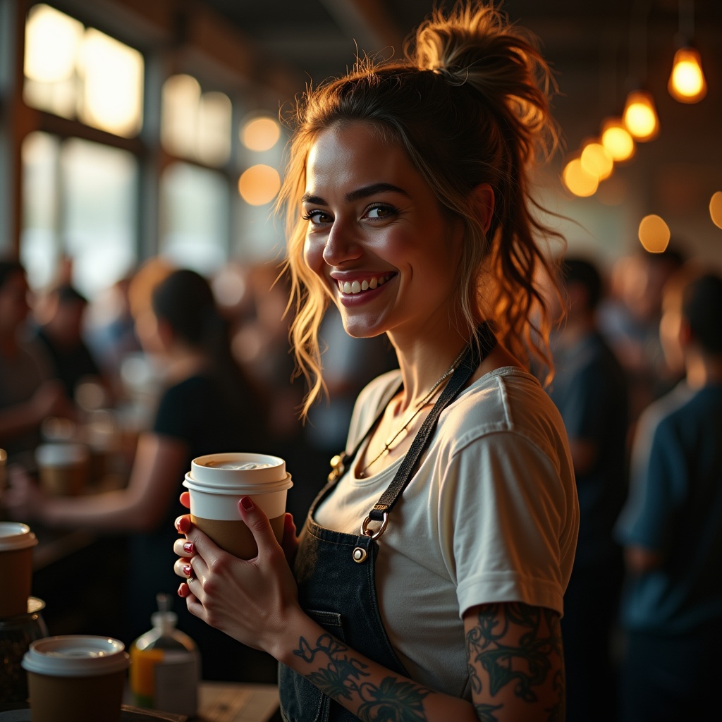 AI generated image by FLUX.1: Anna Shaffer from the show the witcher working as a barista at a crowded coffee urban coffee shop, she's smiling, punk barista, she's serving you coffee in a to go cup with a lid, wearing a tshirt, tattoos, female employee, sunrise coming in through the windows, crowds of people, warehouse architecture, luminescent,  realistic skin, realistic photo, beautiful, gorgeous,  stunning, breathtaking, attractive, exquisite, alluring, mesmerizing, ravishing, splendid, magnificent, graceful, dazzling, striking, enchanting, radiant, resplendent, bewitching, glamorous, 
delightful, enthralling, fascinating, winsome, picture-perfect, captivating, irresistible, confident, Ultra high definition, picture, photograph, ultra realistic, Analog photography, high quality, Fujifilm, 105mm professional photography, dslr, high quality film, Fujifilm xt3, film still, highly detailed, 8K, cinematic lighting, hd, high resolution, intricate detail, digital painting, sharp focus, trending on artstation,  

