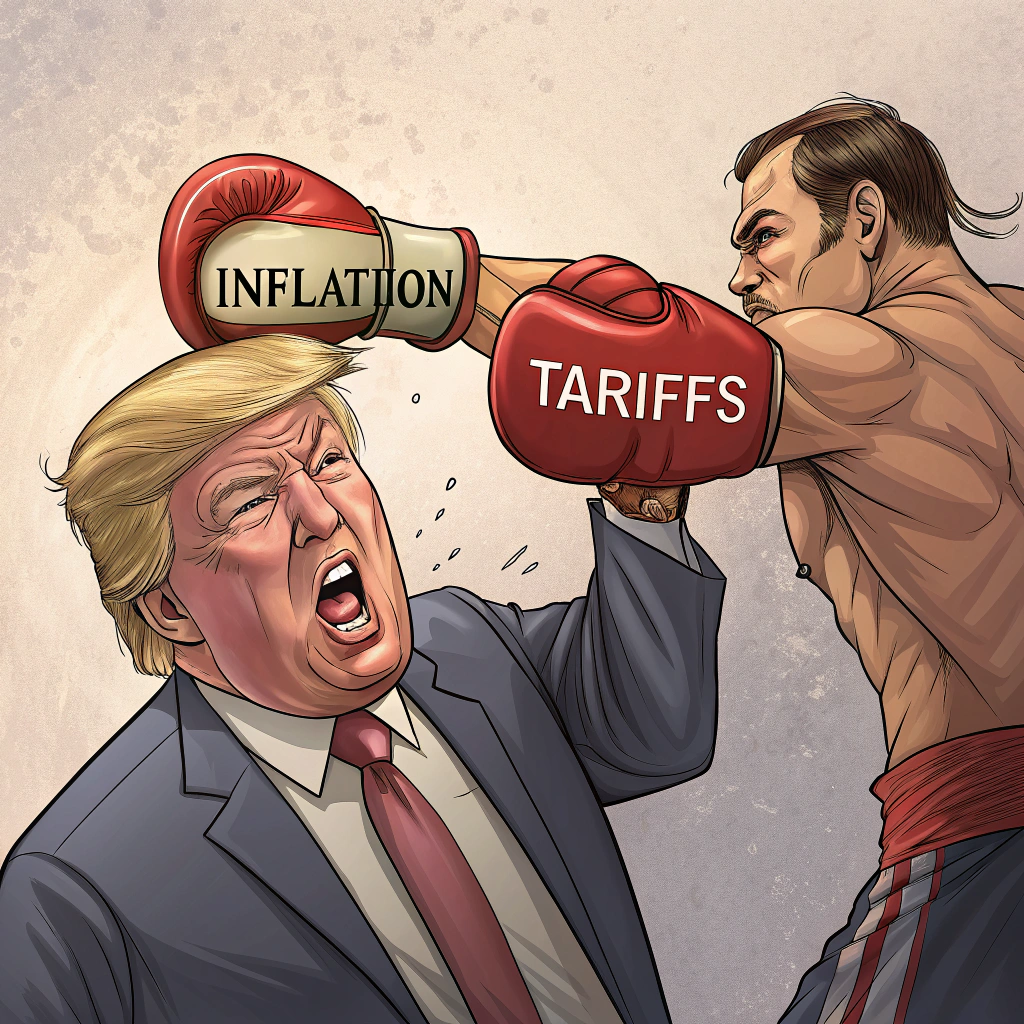 AI generated image by Red Panda AI: Trump being punched in the face by a muscular man who is "Tariffs" and tariff's fist is large and labeled "Inflation"
