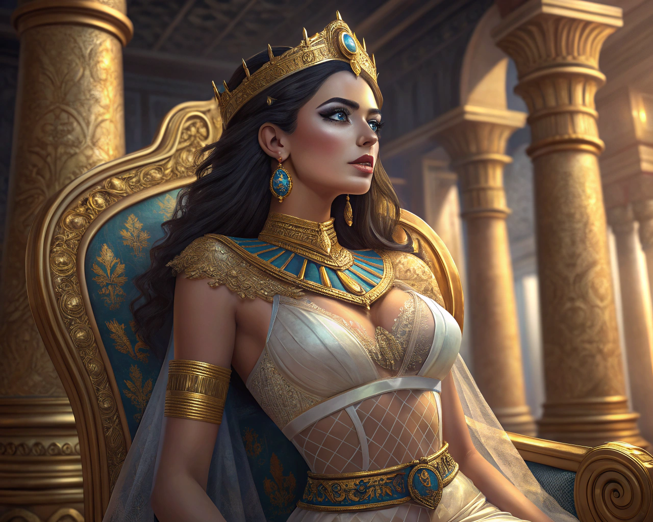 AI generated image by Red Panda AI: A majestic 20-year-old immortal Egyptian queen posing provocatively within an ornate throne room. Luxurious dark hair cascades down her back, contrasting with flawless, radiant skin. Deep blue eyes hypnotize, drawing attention to her stunning features. She wears a daring sheer bodysuit, its gold embroidery and mesh panels accentuating curves and revealing toned physique. A bold gold belt, jeweled collar, and sapphire earrings add to her regal allure. Grand columns, shimmering chandeliers, and rich tapestries create a lavish backdrop, highlighting her divine beauty and commanding presence.