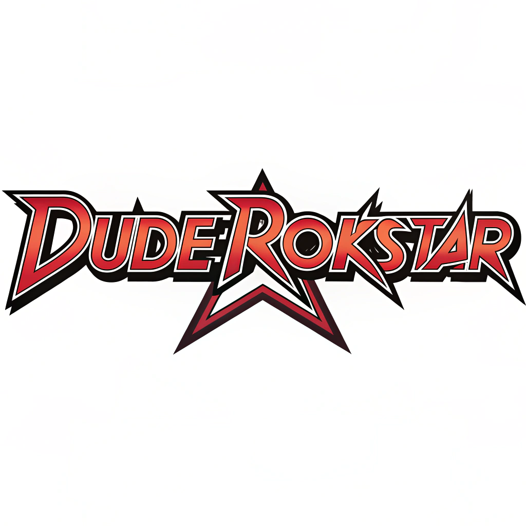 AI generated image by Red Panda AI: "Dude Rokkstar" logo in the font of a 1980s heavy metal band logo, on white background