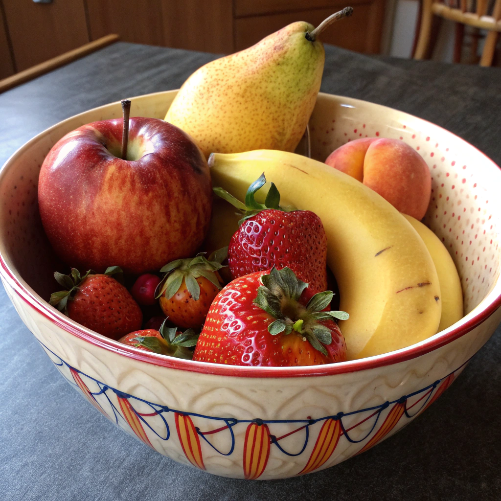AI generated image by Red Panda AI: Un gran cuenco lleno de frutas. Debe tener una manzana, un plátano, una pera, fresa y melocotón.