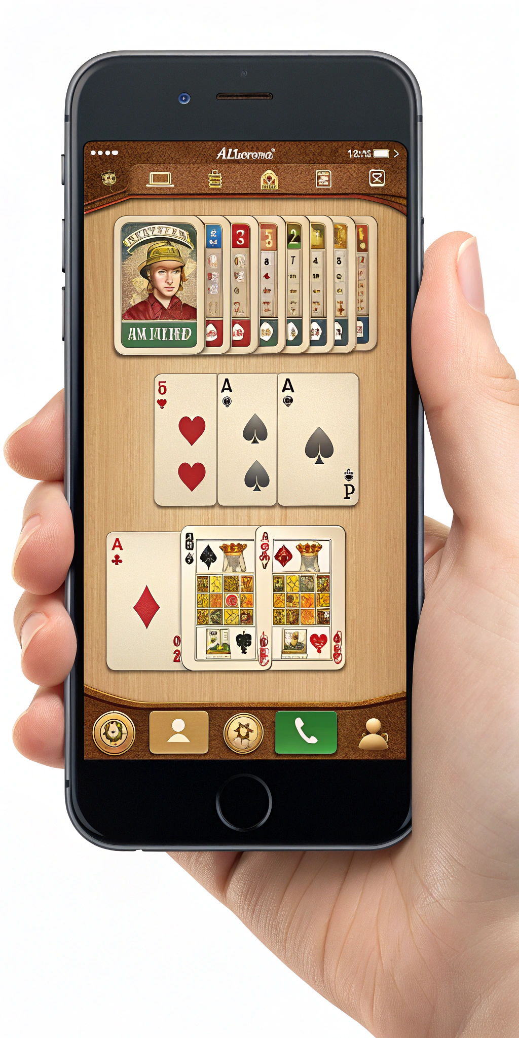 AI generated image by Red Panda AI: ios spades card game game ui design with player holders card and game play screen ui elements like buttons menus popoups