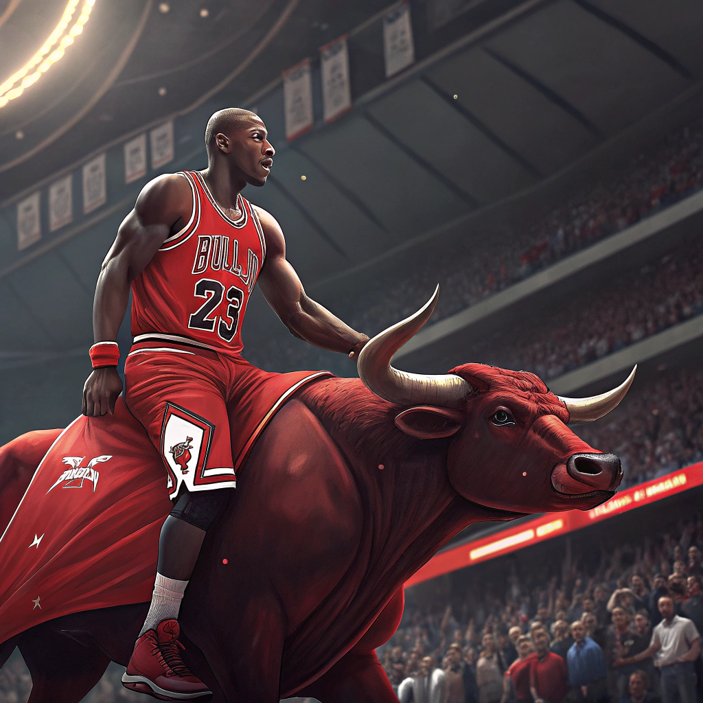 AI generated image by Red Panda AI: Michael Jordan montado en un toro rojo realista

