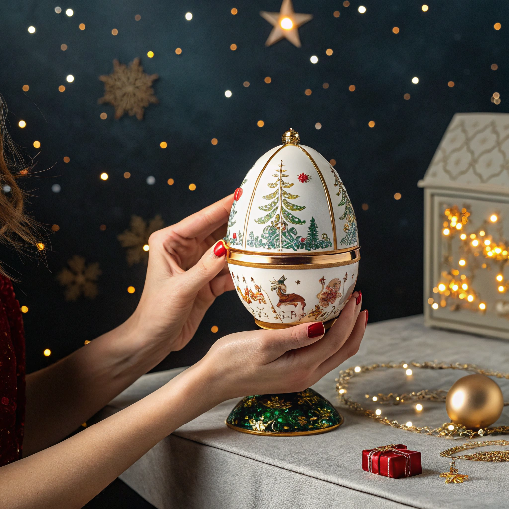 AI generated image by Red Panda AI: Estilo ultra realista de una preciosa y elegante mano de mujer joven sosteniendo una bonita caja de música en forma de  huevo de Fabergé con motivos navideños, atmosfera con estilo y estética de 1970s con temática fantástica de astros, estrellas, astrofísico, objetos navideños, luces, estrellas,  retro futurista de 1970s, estilo cinematográfico, bonita iluminación de escena