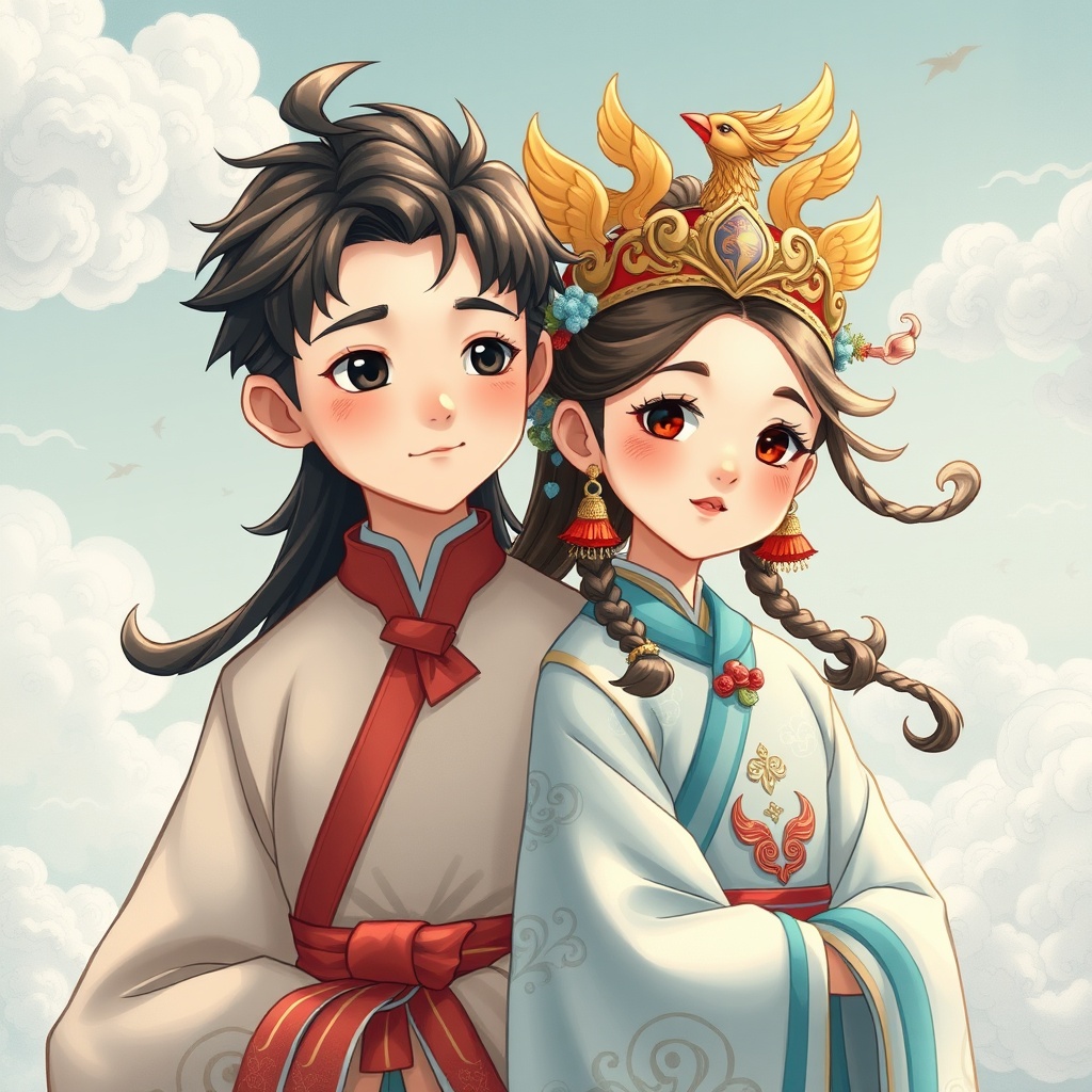 AI generated image by FLUX.1-schnell: 
A young couple in Chinese style, Long hair for boys，Phoenix crown and flowing clouds for girl, good resolution, art style by Raymond Briggs,
