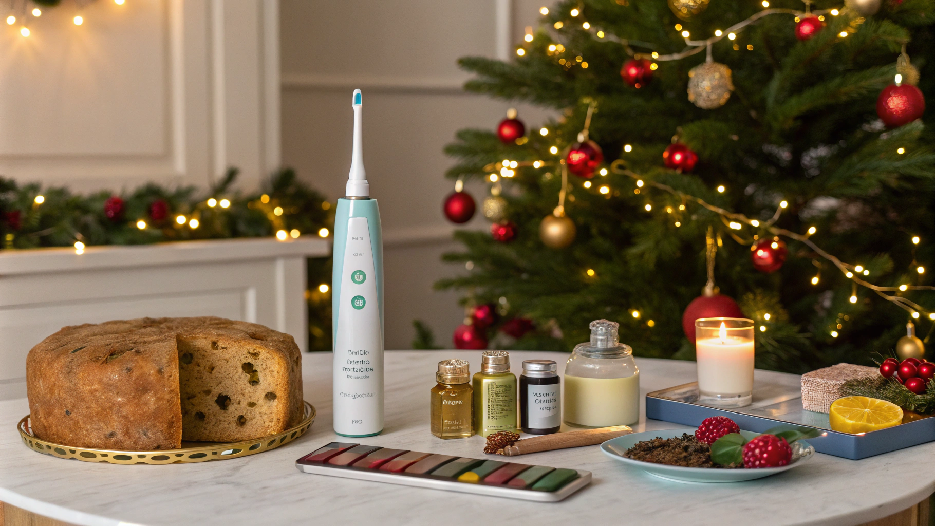 AI generated image by Red Panda AI: Un ambiente navideño acogedor con una mesa decorada con motivos festivos: guirnaldas, luces cálidas y adornos navideños. Sobre la mesa, muestra productos destacados como un cepillo eléctrico infantil, un lápiz de ojos azul waterproof, pastelitos de cabello de ángel, patés en tarros pequeños, una botella de refresco de té con limón, un panetone con pepitas de chocolate, y una paleta de maquillaje navideña. Todo dispuesto de manera elegante y llamativa, con un fondo que incluya un árbol de Navidad decorado y detalles hogareños, resaltando el espíritu navideño y las promociones de productos."