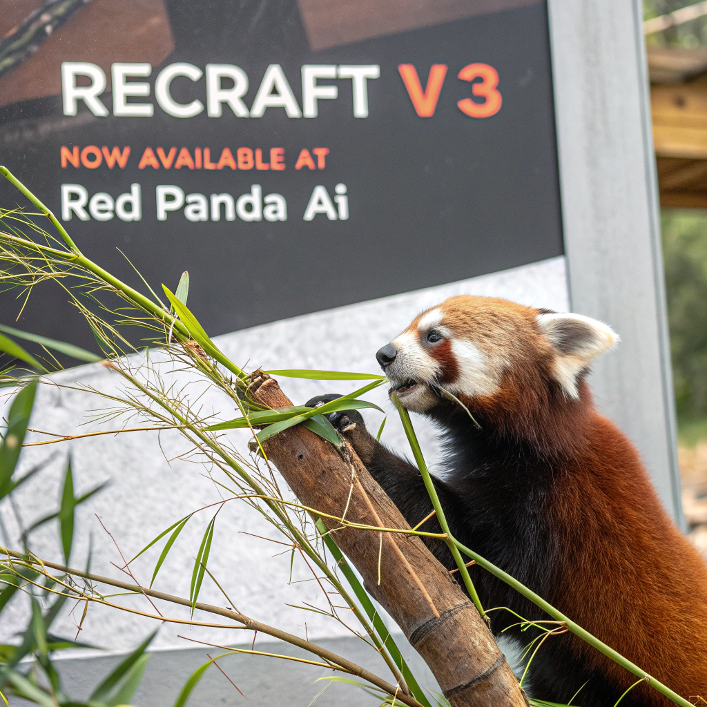 AI generated image by Red Panda AI: a red panda eating a bamboo in front of a poster that says "recraft V3 now available at red panda ai