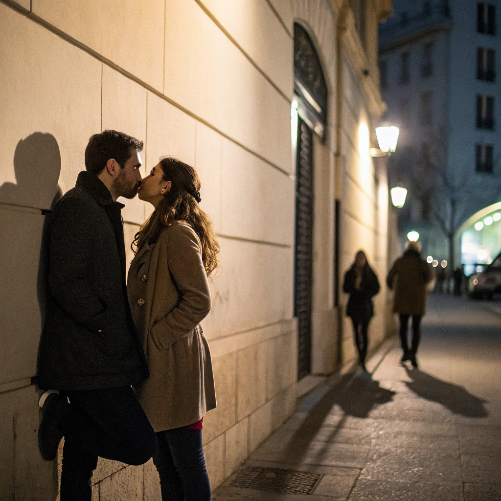AI generated image by Red Panda AI: un hombre y una mujer se besan por primera vez en un rincón discreto de la ciudad. Sus sombras se proyectan en la pared detrás de ellos. La escena tiene iluminación suave y un ambiente romántico, con un ligero desenfoque en el fondo para dar sensación de intimidad.