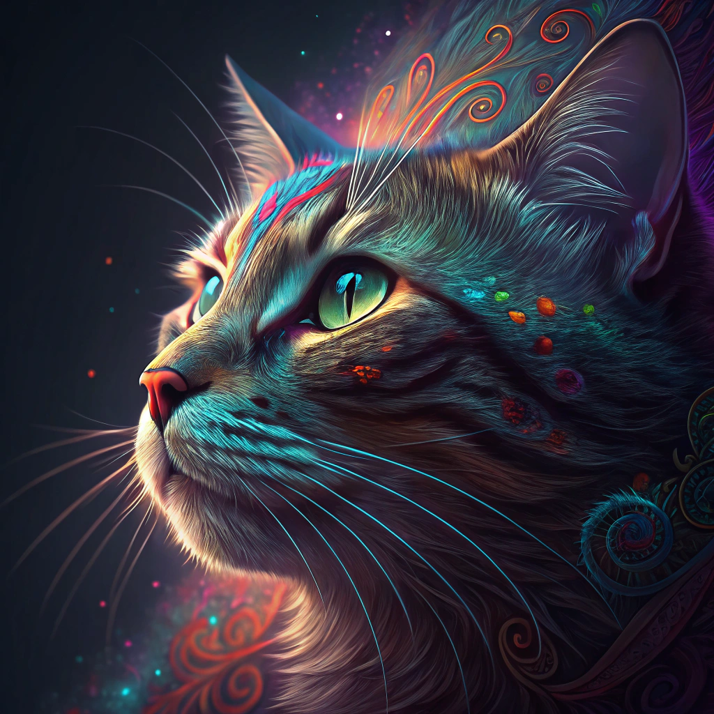 AI generated image by Red Panda AI: a perfect portrait of a cat, an extremely psychedelic experience, colorful, surreal, dramatic lighting, LSD, detailed face, intricate, elegant, highly detailed, digital painting, art station, concept art, sharp soft focus, illustration