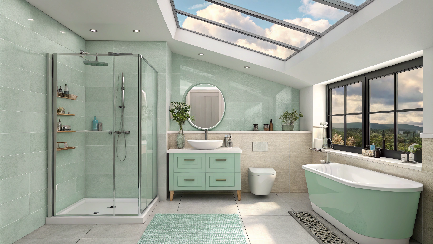 AI generated image by Red Panda AI: design a large bathroom with a modern style incorporating british style.  there is a shower with a glass above it where you can see the sky while getting a shower. Sink and toilet models would be Bocchi's Etna in mint green.  