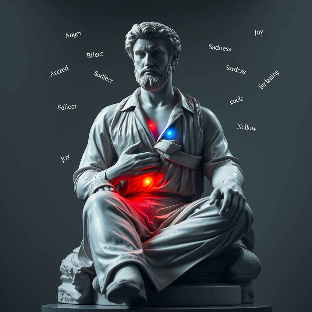 AI generated image by FLUX.1-schnell: A majestic marble sculpture in shades of grey and white, with classical features inspired by Greek art, dressed in a shirt and formal pants. The figure sits in a reflective posture, one hand on its chest and the other on its head, symbolizing emotional self-exploration. Small colored lights emerge from different parts of its body: red in the chest for anger, blue in the abdomen for sadness, yellow in the head for joy. Around it, ethereal words float in the air, representing the importance of naming and recognizing emotions. The lighting is soft and immersive, conveying a sense of introspection and self-awareness