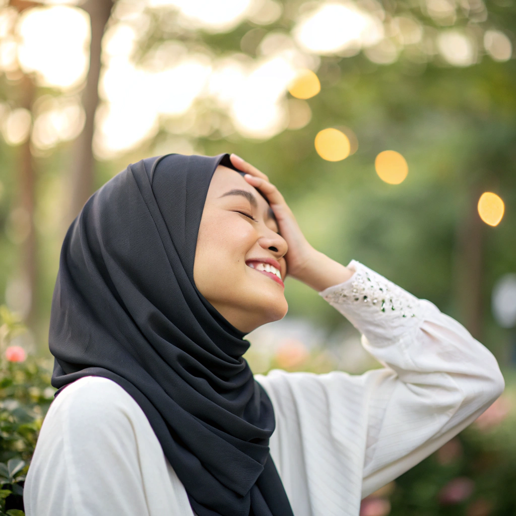 AI generated image by FLUX.1-schnell: a malaysian woman wear hijab, touch her head with satisfaction and smile, side view, background of bokeh effect, garden