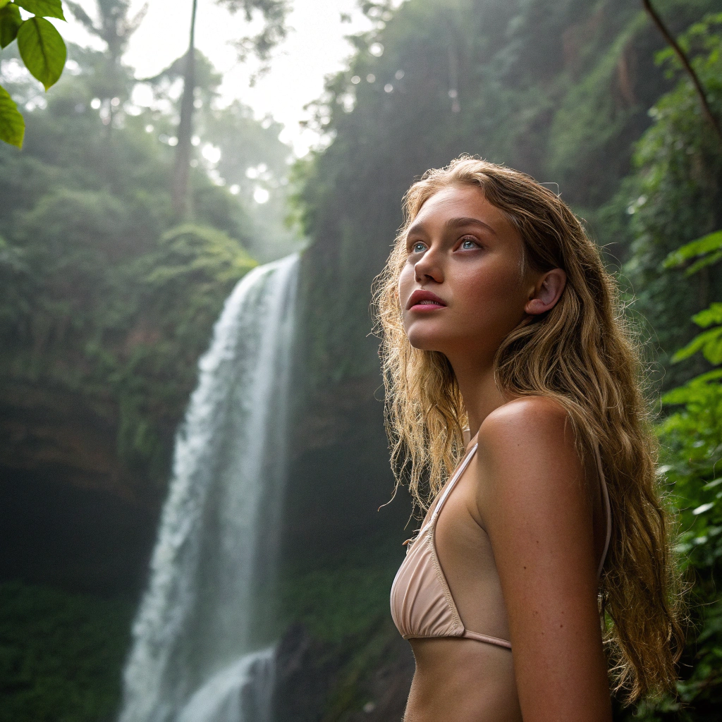AI generated image by Red Panda AI: Hier ist ein detaillierter Prompt für ein Bild von Saga:

"Ein realistisches Porträt einer jungen Frau namens Saga, die vor einem idyllischen Wasserfall in einem dichten, grünen Wald steht. Saga hat langes, welliges blondes Haar, das sanft über ihre Schultern fällt, und strahlende blaue Augen, die vor Lebendigkeit leuchten. Ihre Haut ist makellos mit einem leichten, rosigen Teint. Sie trägt einen eleganten Bikini, der ihre schlanke, athletische Figur betont. Der Wasserfall im Hintergrund ist von üppiger Vegetation umgeben, und Sonnenstrahlen brechen durch die Baumkronen, was eine mystische Atmosphäre schafft. Die Szene vermittelt Ruhe und natürliche Schönheit."

