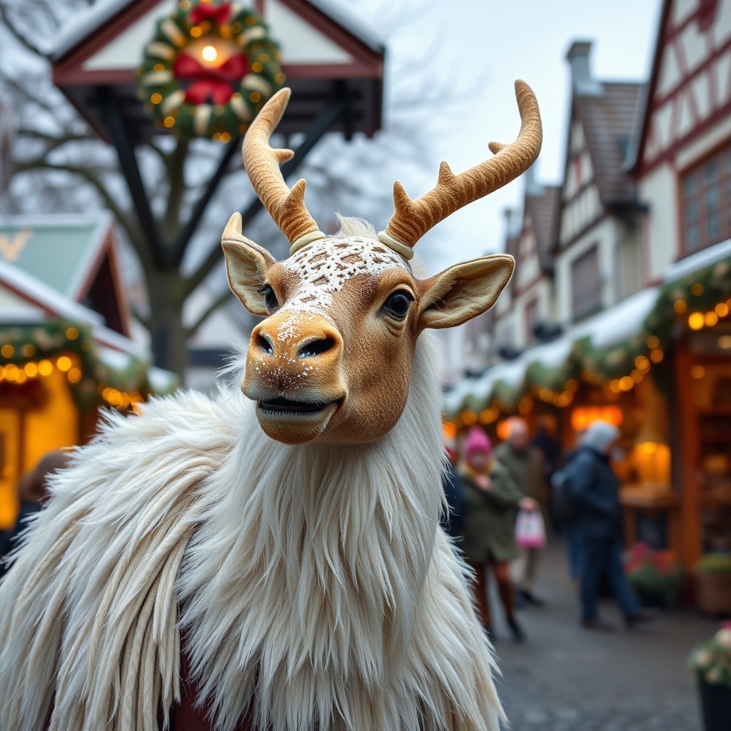 AI generated image by FLUX.1-schnell: Ein Hirsch auf einem Jahrmarkt mit Zuckerwatte