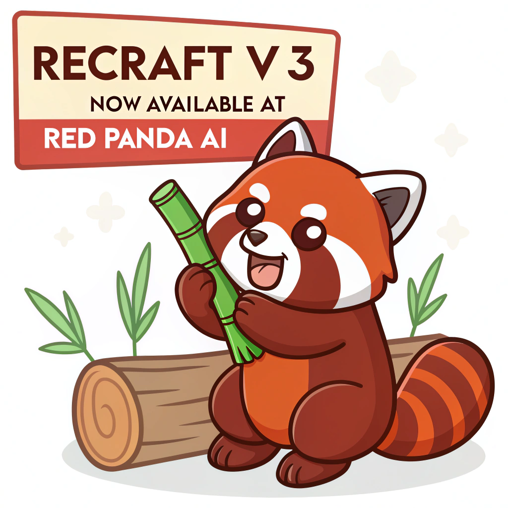 AI generated image by Red Panda AI: a red panda eating a bamboo in front of a poster that says "recraft V3 now available at red panda ai