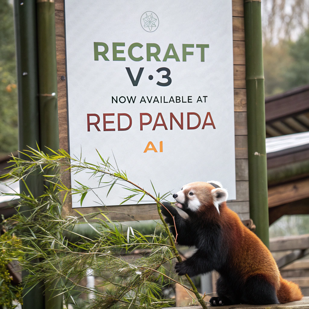 AI generated image by Red Panda AI: a red panda eating a bamboo in front of a poster that says "recraft V3 now available at red panda ai