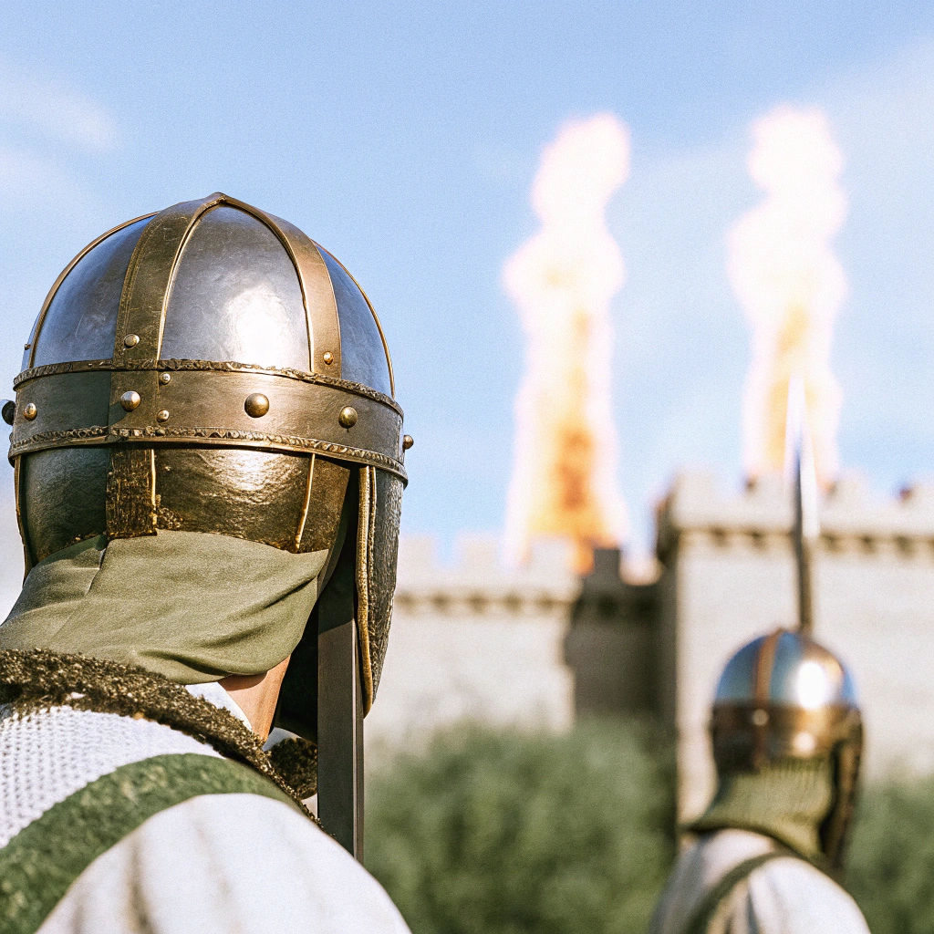 AI generated image by Red Panda AI: close up de 7 reyes alineados lado a lado, mostrando sus atuendos para la guerra, cascos con coronas del siglo 1 antes de cristo y de la zona de medio oriente, fondo con castillo en llamas. Deben ser 7 reyes