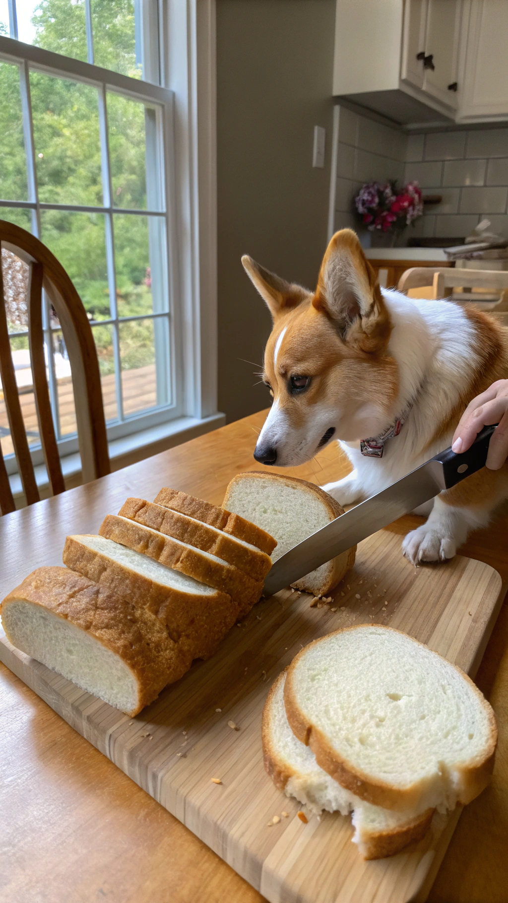 AI generated image by Red Panda AI: real life iphone photo of a corgi holding a bread knife with its furry paw. It is using the bread knife to slice into a loaf of American bread. Next to the solid loaf of bread are several slices of bread. Scene is a suburban American kitchen during the day.