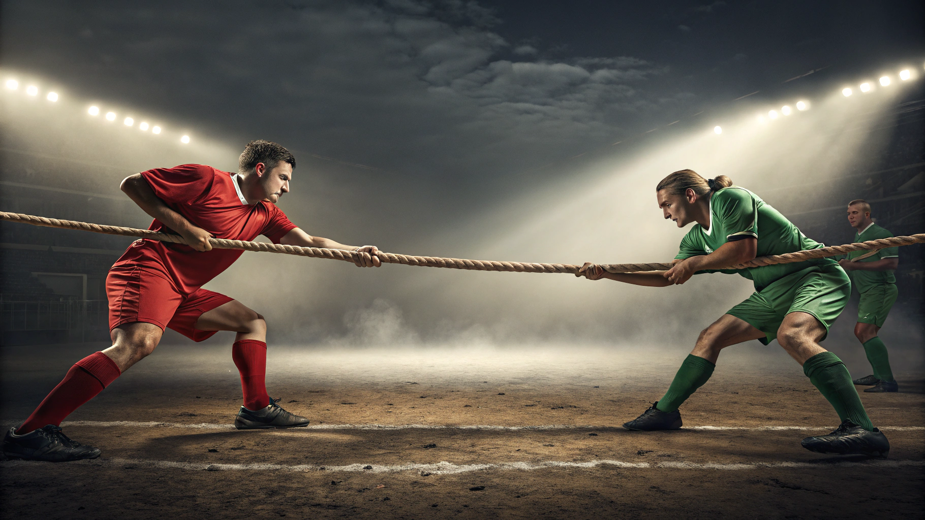 AI generated image by Red Panda AI: A dramatic tug-of-war scene with two evenly matched teams pulling intensely on opposite sides of a thick rope. The left team wears red uniforms while the right team wears green. The rope stretches tautly between them, with the center marker perfectly balanced. Strong, determined expressions on the competitors' faces. Dramatic lighting with beams of light cutting through dust particles. Visible tension in muscles and rope fibers. The ground beneath shows wear from the struggle. Photorealistic rendering, cinematic composition, 4K detail. The scene captures a moment of perfect equilibrium where neither side has a clear advantage.
