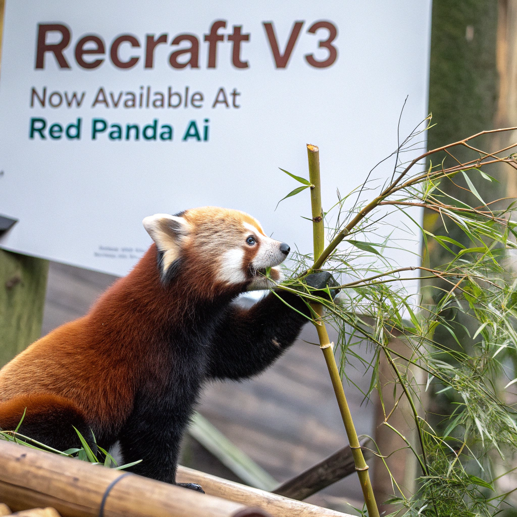 AI generated image by FLUX.1-schnell: a red panda eating a bamboo in front of a poster that says "recraft V3 now available at red panda ai