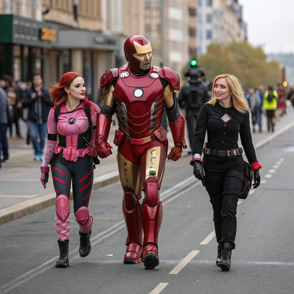 AI generated image by Red Panda AI: Iron man is walking down the street with Harley Quinn and Black widow in his arms