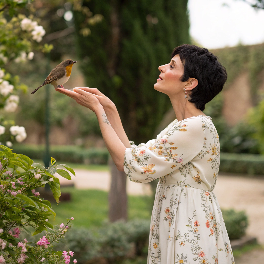 AI generated image by FLUX.1-schnell: Beautiful Spanish Women With short black hair and a Flowy Dress, Holding a robin in her outstretched palm