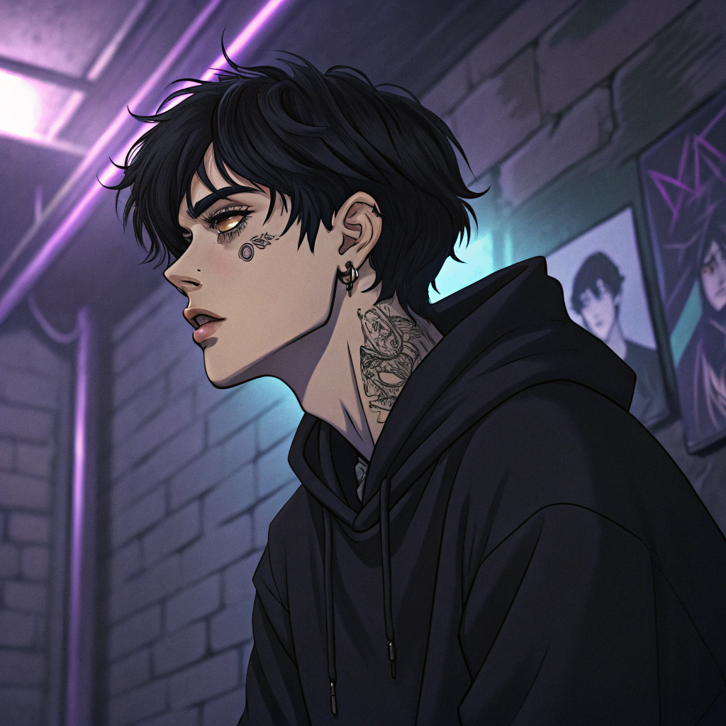 AI generated image by Red Panda AI: A guy with black messy hair, dark green eyes, sitting in a very dark basement bedroom, neck tattoos, bags under his eyes, purple and blue lighting illuminating him, wearing a black hoodie, detailed face,1boy, manhwa style, model face, plump lips,Etheral Art, Elegent, gloomy, manhwa style, anime style,