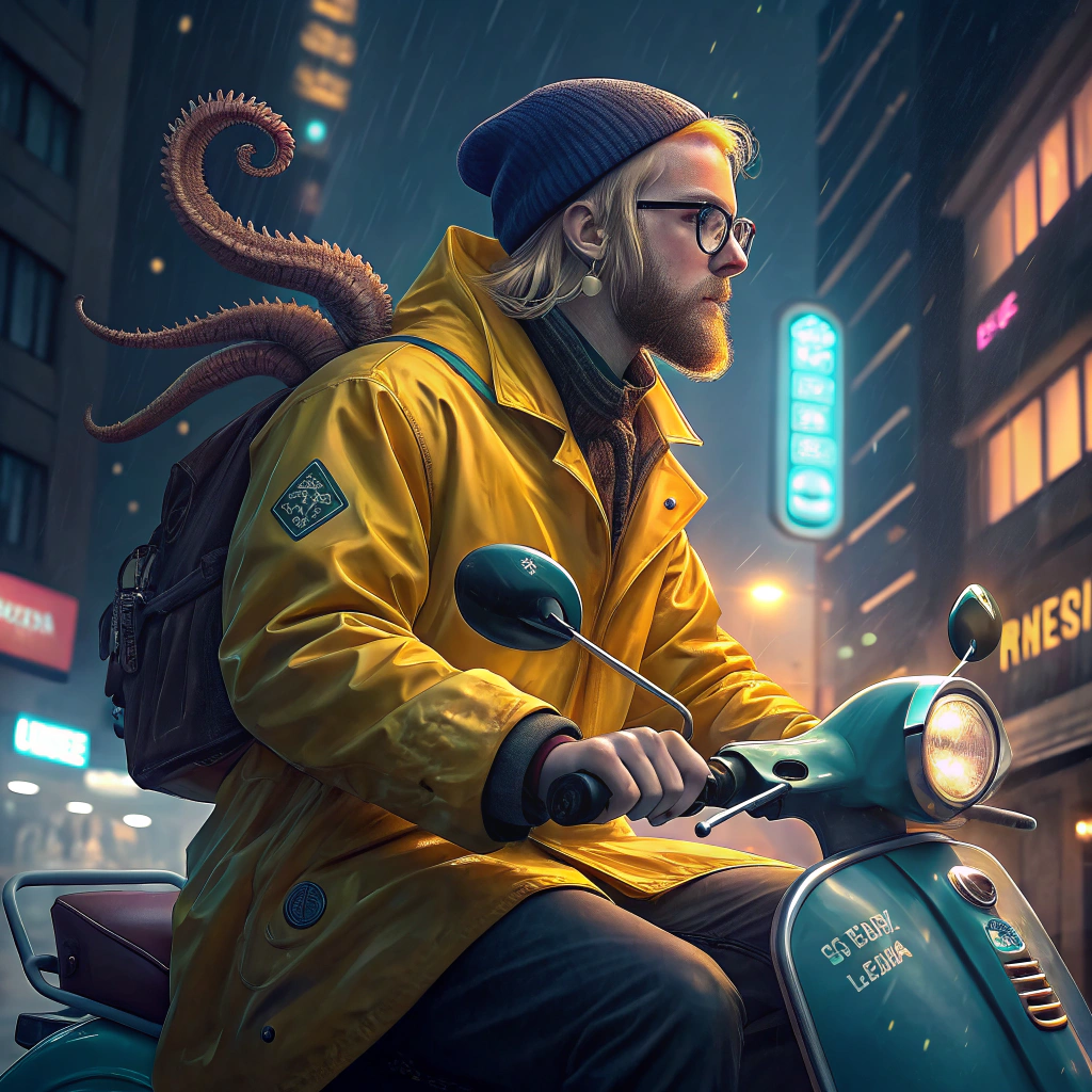 AI generated image by Red Panda AI: cyberpunk city background by night
blonde man with glasses wearing a yellow frisian raincoat and a dark blue beanie
short beard
driving a vespa motorcycle in nautic look
carrying a octopus on shoulder