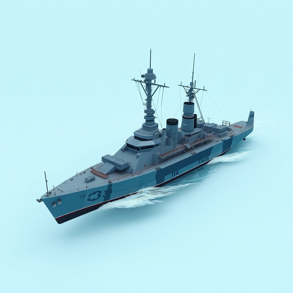 AI generated image by FLUX.1-schnell: fragata francesa fs blueshark del juego modern warship fuera del agua 



