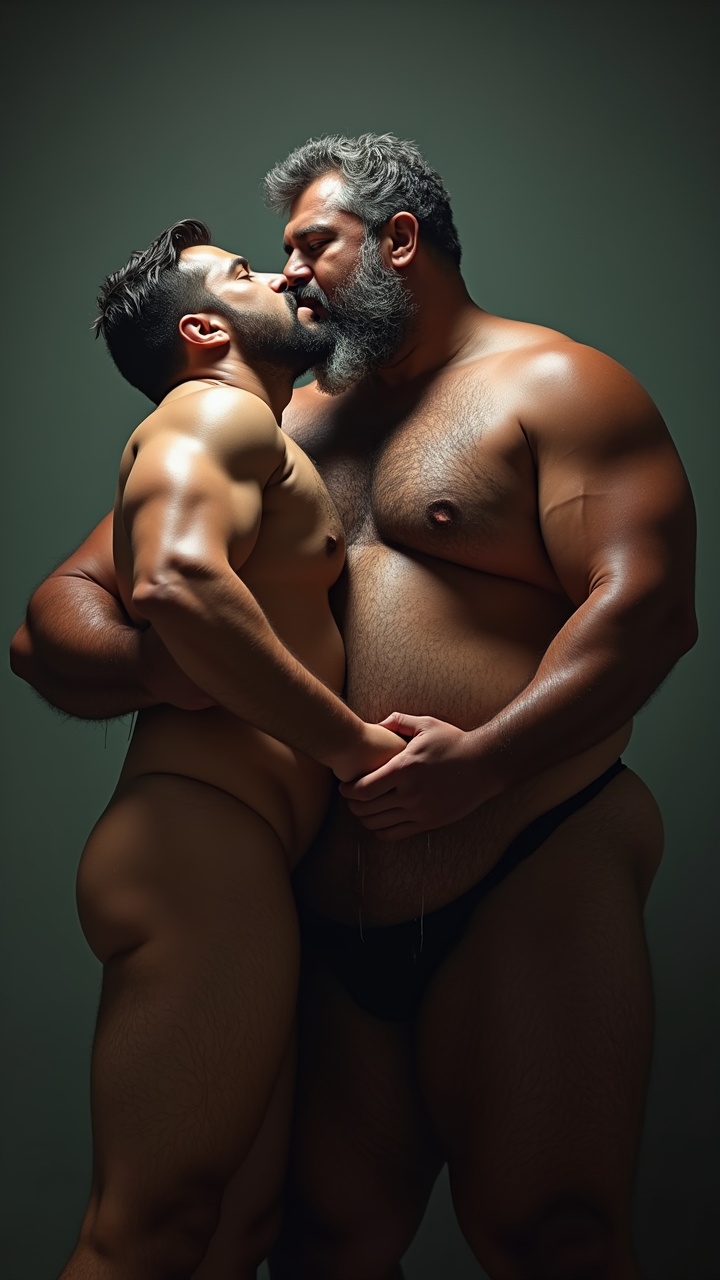 AI generated image by FLUX.1: Danny who is a big pot bellied, obese, dark skinned, hairy, grey haired, lustful, macho, matured hairy dark Tamil alpha male math teacher with thick eyebrows, full plump lips, thick beard and very big beefy and muscular chests is holding Tommy, a stocky student. Danny and Tommy are having a secret affair after class. Both Danny and Tommy are completely naked without clothes on and wet all over. Tommy is caressing Danny's masculine, hairy, big, fat, dark skinned pot round belly with a big belly button. Danny's dark skinned big hairy belly has a big round belly button that is deep. Danny also has fat beefy thighs and big feet. Danny is hugging Tommy very close with both his big strong arms and is spitting a lot of wet strands of saliva with in Tommy's wide open mouth who is sticking his tongue out for Danny. The saliva runs down all over Danny's beard, his big hairy belly, thick thighs and his thick feet. Danny has a thick, erect penis with  low hanging scrotum which is drenched in saliva.