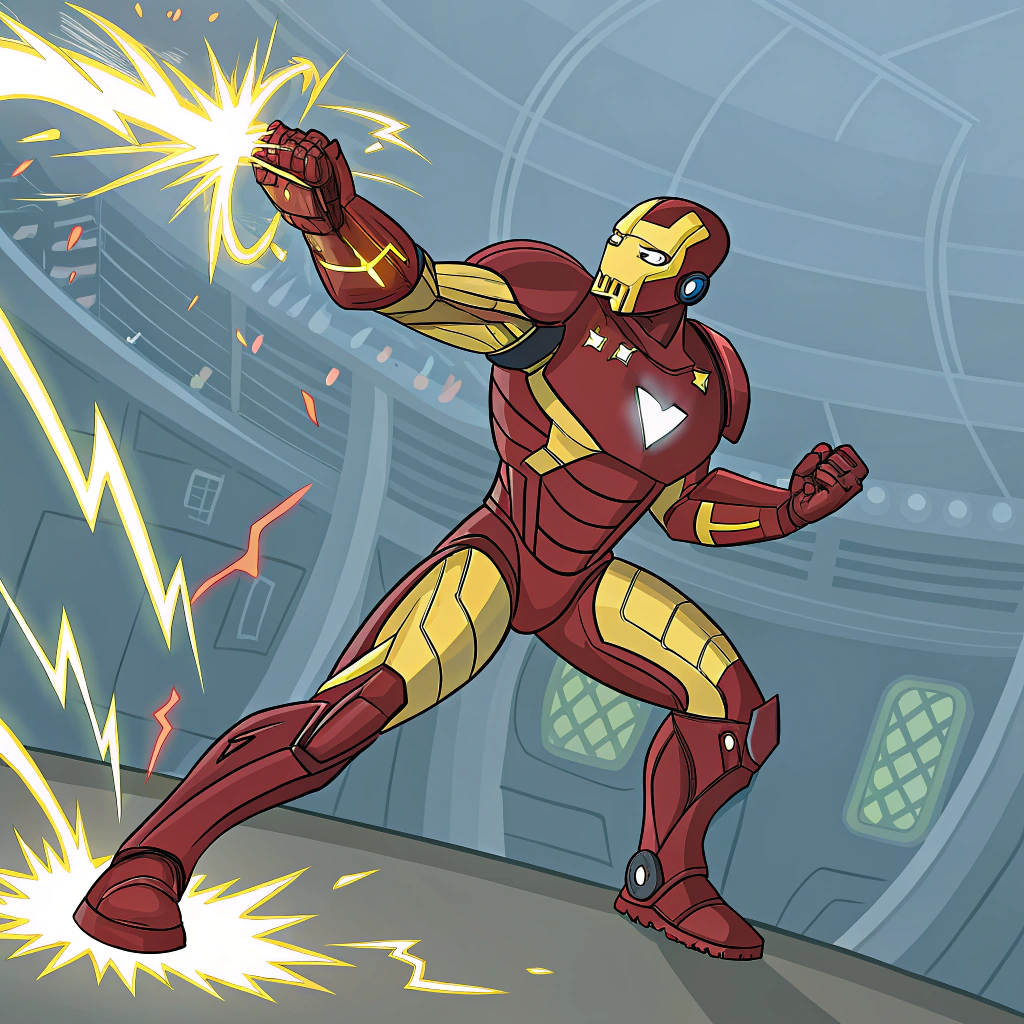 AI generated image by Red Panda AI: Crée une illustration réel d'Iron Man, visiblement énervé, avec des muscles bien définis, dans un style cartoon. Il doit être en pleine action, avec des éclairs et des étincelles autour de lui, montrant sa puissance et sa colère. Les couleurs doivent être vives et dynamiques, avec un arrière-plan futuriste et chaotique