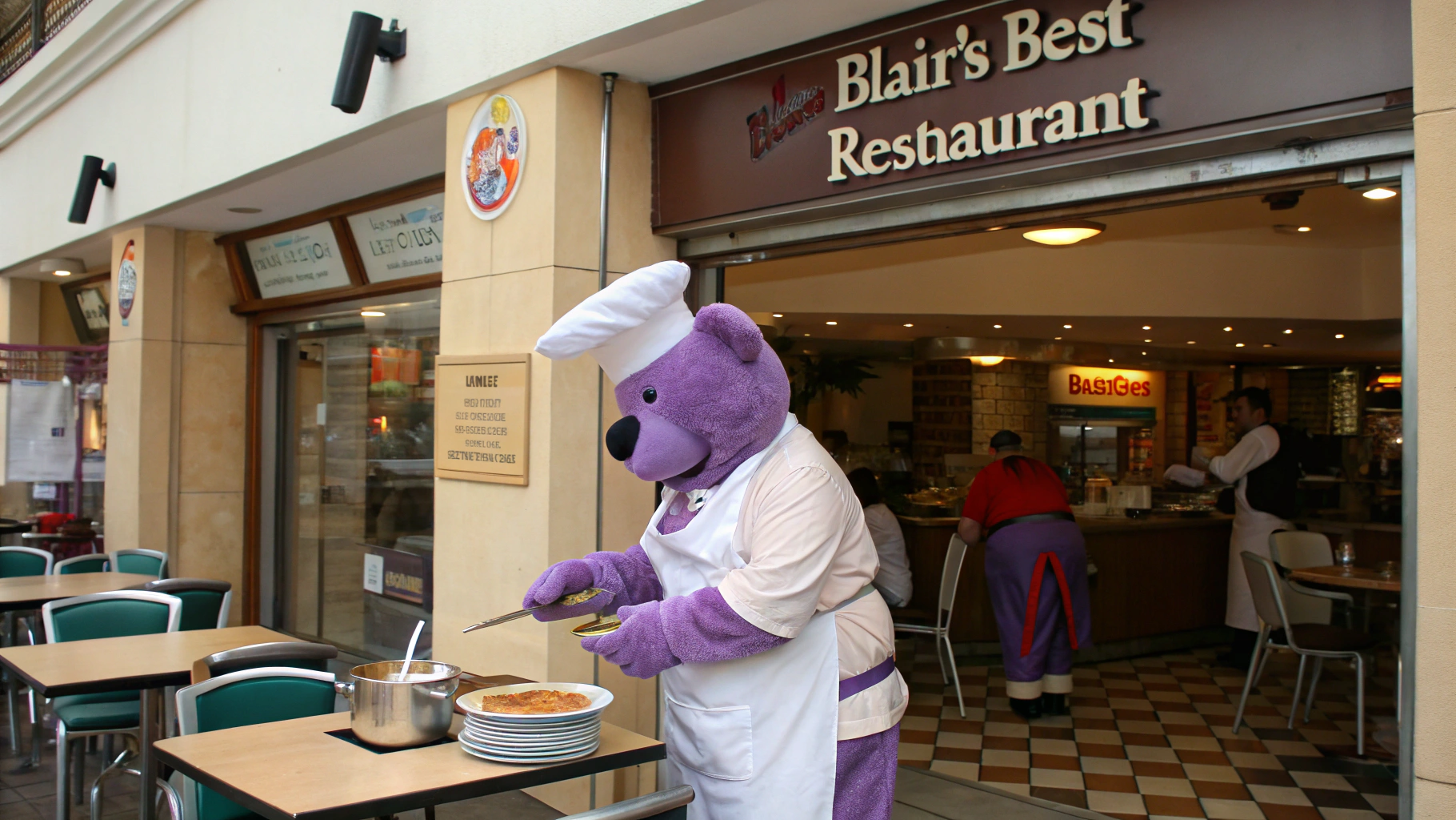 AI generated image by Red Panda AI: Purple bear works as a cook in a local cafe type restaurant.  There is a sign that says, "Blair's Best Restaurant"