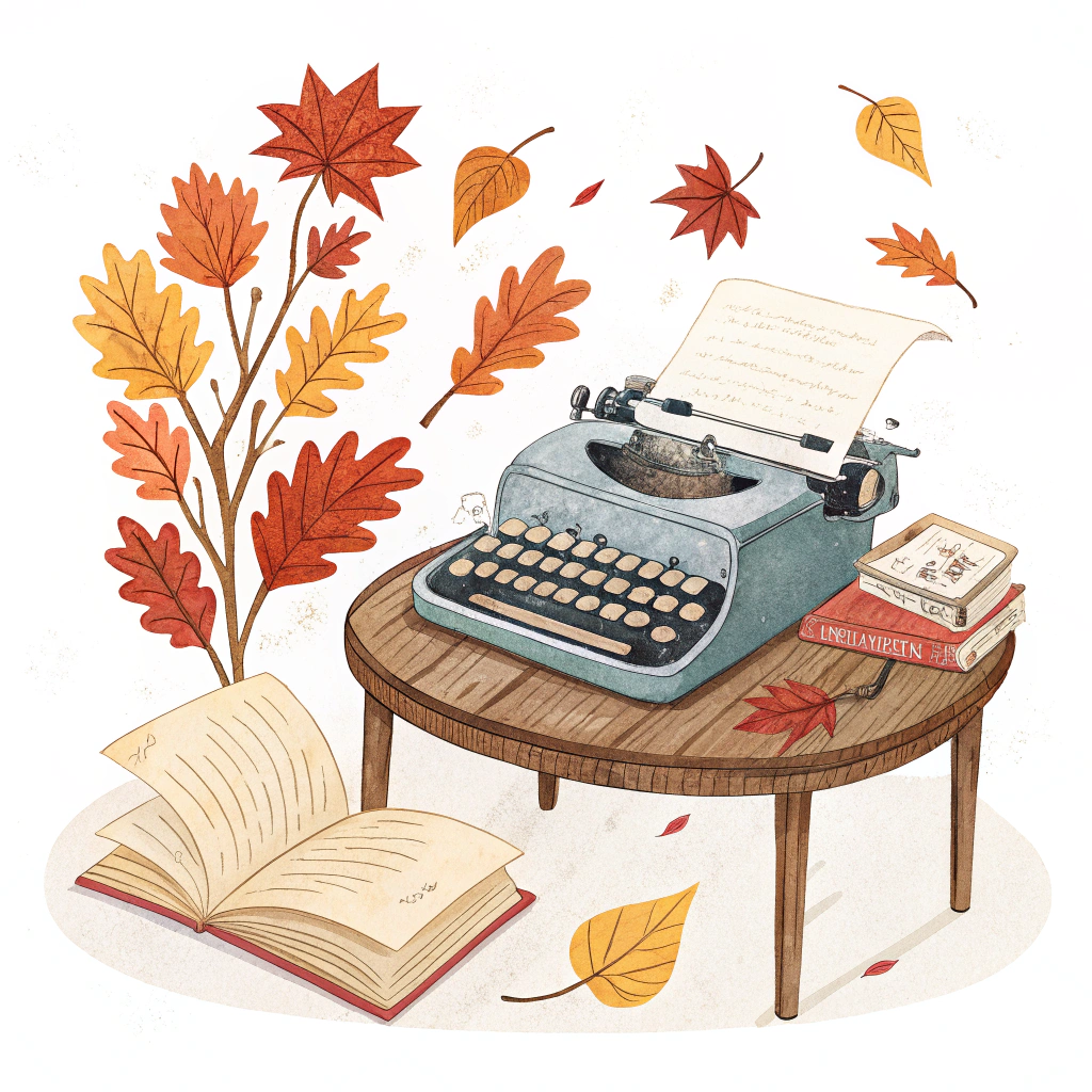AI generated image by Red Panda AI: "Watercolor vintage typewriter with paper, autumn leaves around, clipart"