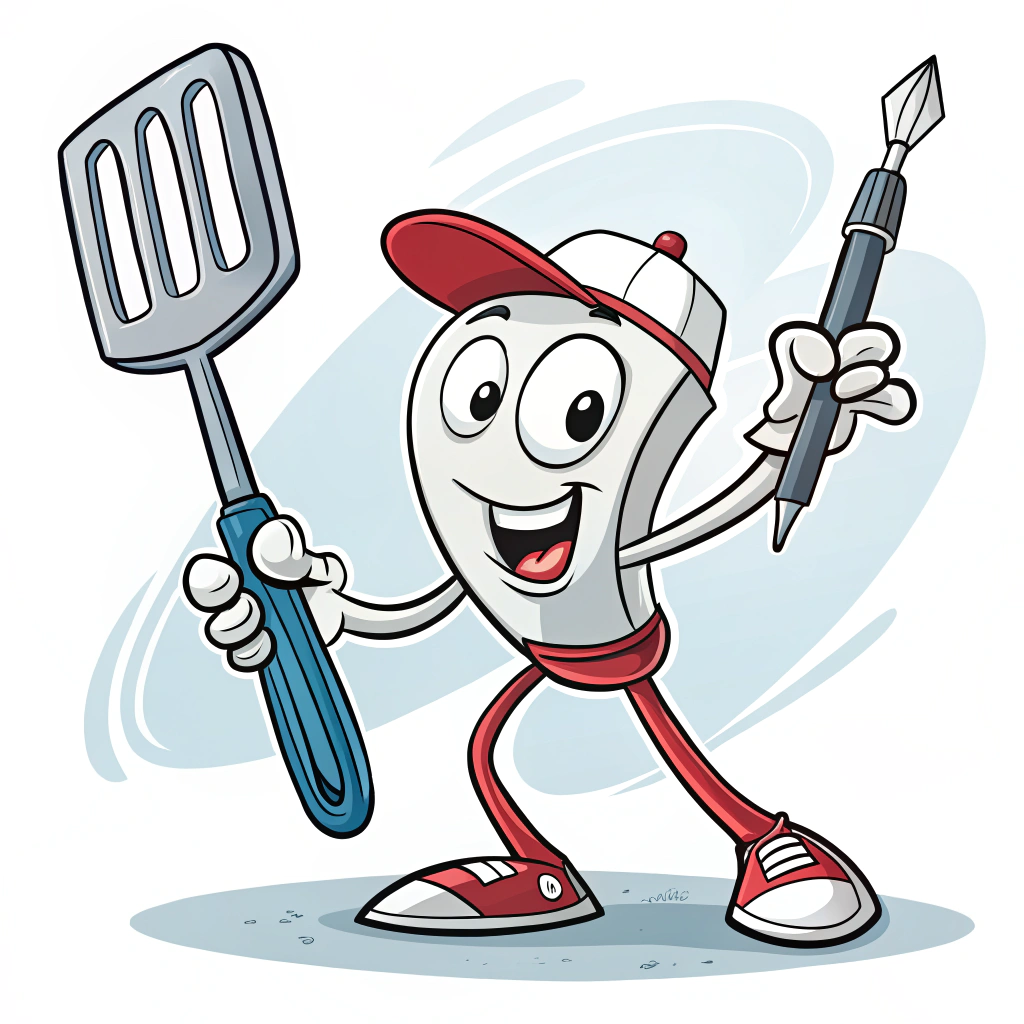 AI generated image by Red Panda AI: 
mascot made of Nylon Spatula holding a stylus in his hand
ready to work
