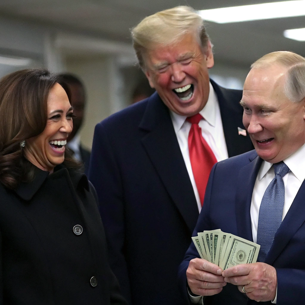 AI generated image by Red Panda AI: Donald Trump laughing at kamala Harris and the whole USA while Putin IS also laughing and Putting Money in trumps pocket