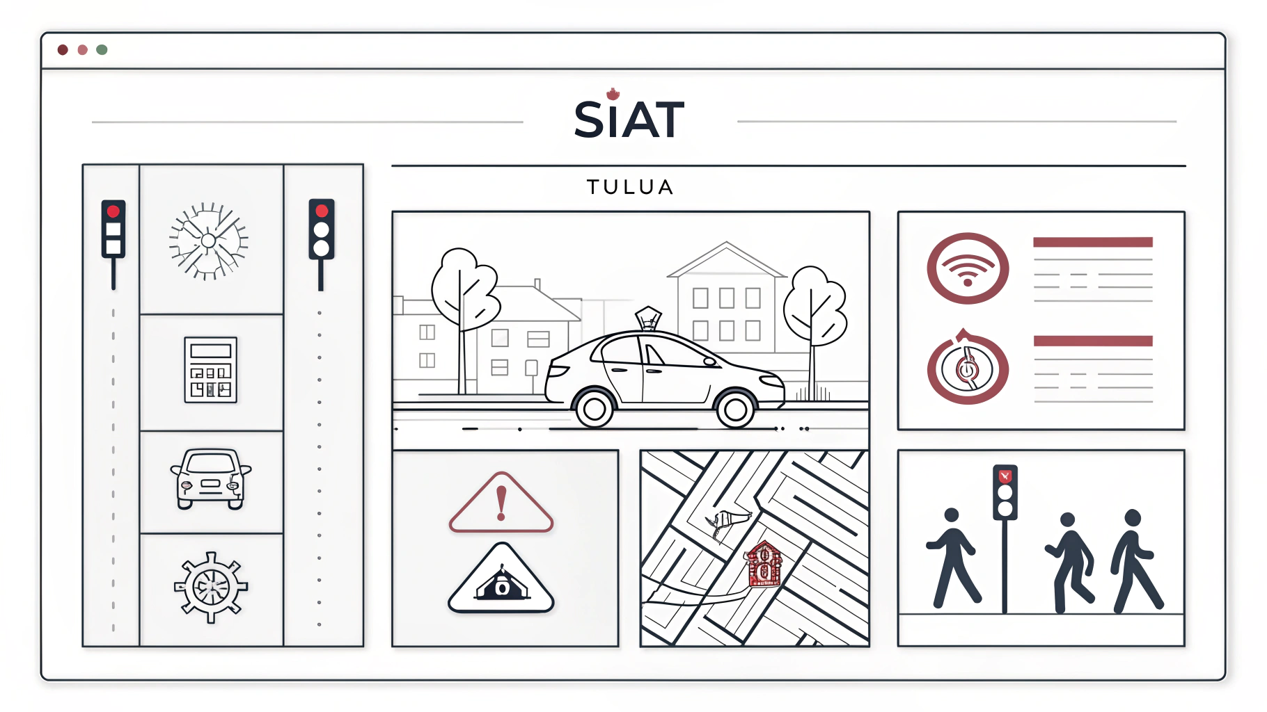 AI generated image by Red Panda AI: quiero una imagen introductoria de una pagina web llamada SIAT, es un sistema de informacion la cual trata los accidentes en la ciudad de tulua, las diferentes secciones que maneja la pagina son: mapas de calor, panel de control, registro de accidente, informacion vial, la imagen debe explicar breve mente de que trata la pagina, quiero un diseño minimalista con trazos negros y fondo blanco
