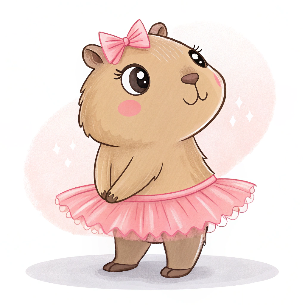 AI generated image by Red Panda AI: Female capybara wearing a tutu skirt, with a pink bow on her head, facing forward, full body. This must be a kawaii drawing.
