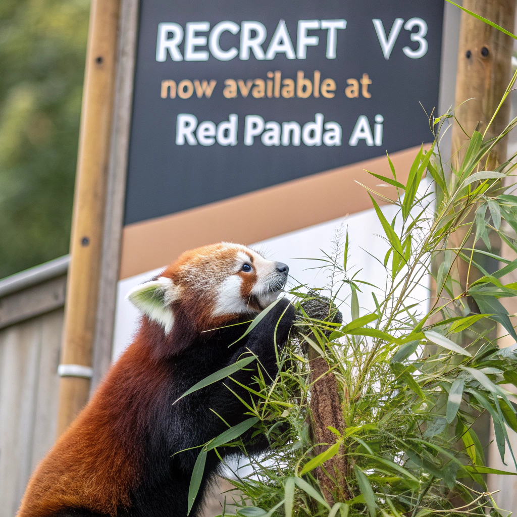 AI generated image by Red Panda AI: a red panda eating a bamboo in front of a poster that says "recraft V3 now available at red panda ai