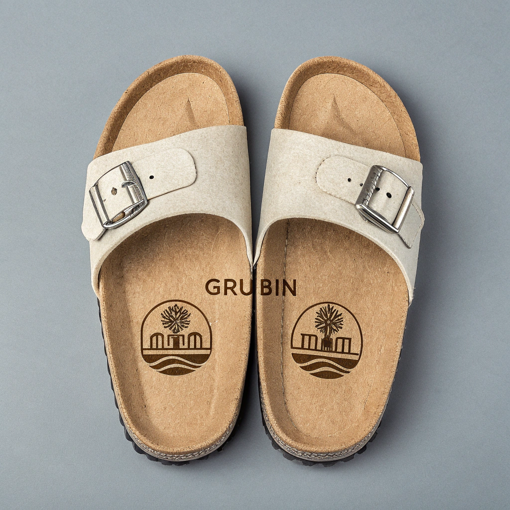 AI generated image by Red Panda AI: Slippers like Birkenstock but logo is Grubin