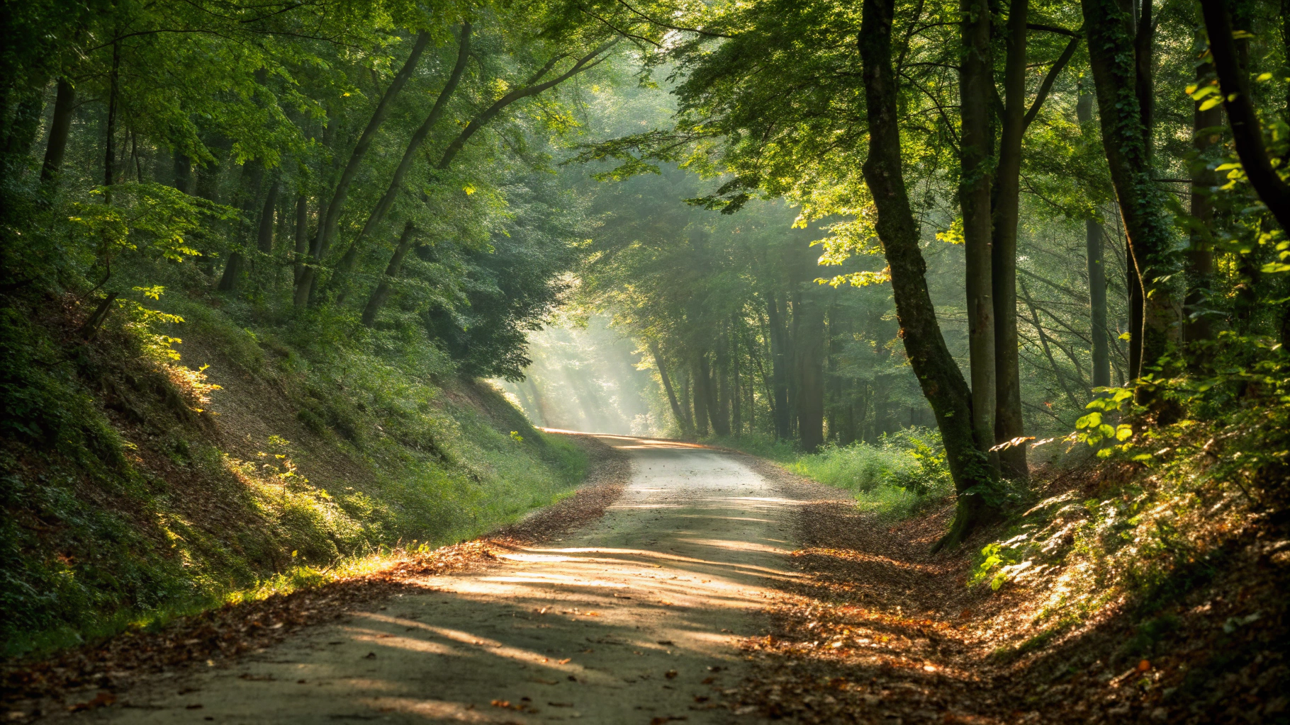 AI generated image by Red Panda AI: The path through the forest forks ahead, with the more well-traveled route gently descending.