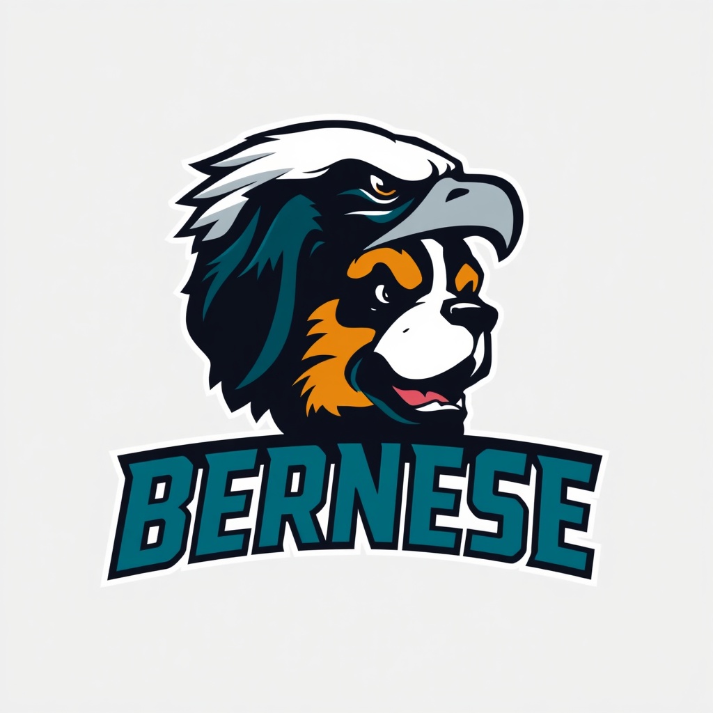 AI generated image by FLUX.1-schnell: https://news.sportslogos.net/2022/06/17/philadelphia-eagles-introduce-new-wordmark/football/
Erstelle ein Fantasy Football Team Logo, wo ich die philadelphia eagles als beispiel nehmen möchte (oben eingefügter Link), allerdings dann statt adler mit einem Bernersennenhund, daher soll das team philadelphia Bernese heißen. Die schriftart darunter soll die gleiche sein, aber eben nicht EAGLES,  sondern BERNESE und der Kopf darüber soll kein Adler sein, sondern ein Bernersennen Kopf, aber in der gleichen Machart, auch in 2D und auch böse schauend mit offenem Maul. gleiche Farbkombination wie im Eagles Logo.

Die Schriftart soll die gleiche sein, wie im originalen Logo!! BERNESE komplett großgeschrieben und in der geraden Schriftart. und der Berner soll nicht aus der Fläche rausschauen, also zum Betrachter, sondern nur in 2D komplett in dem Seitenporträt, genau wie der Adler im Ursprungs-Logo