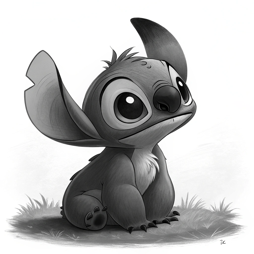 AI generated image by Red Panda AI: A character similar to Disney's Stitch, in a monochromatic style. The image should capture his mischievous and adorable energy, with sharp details and high contrast in black and white