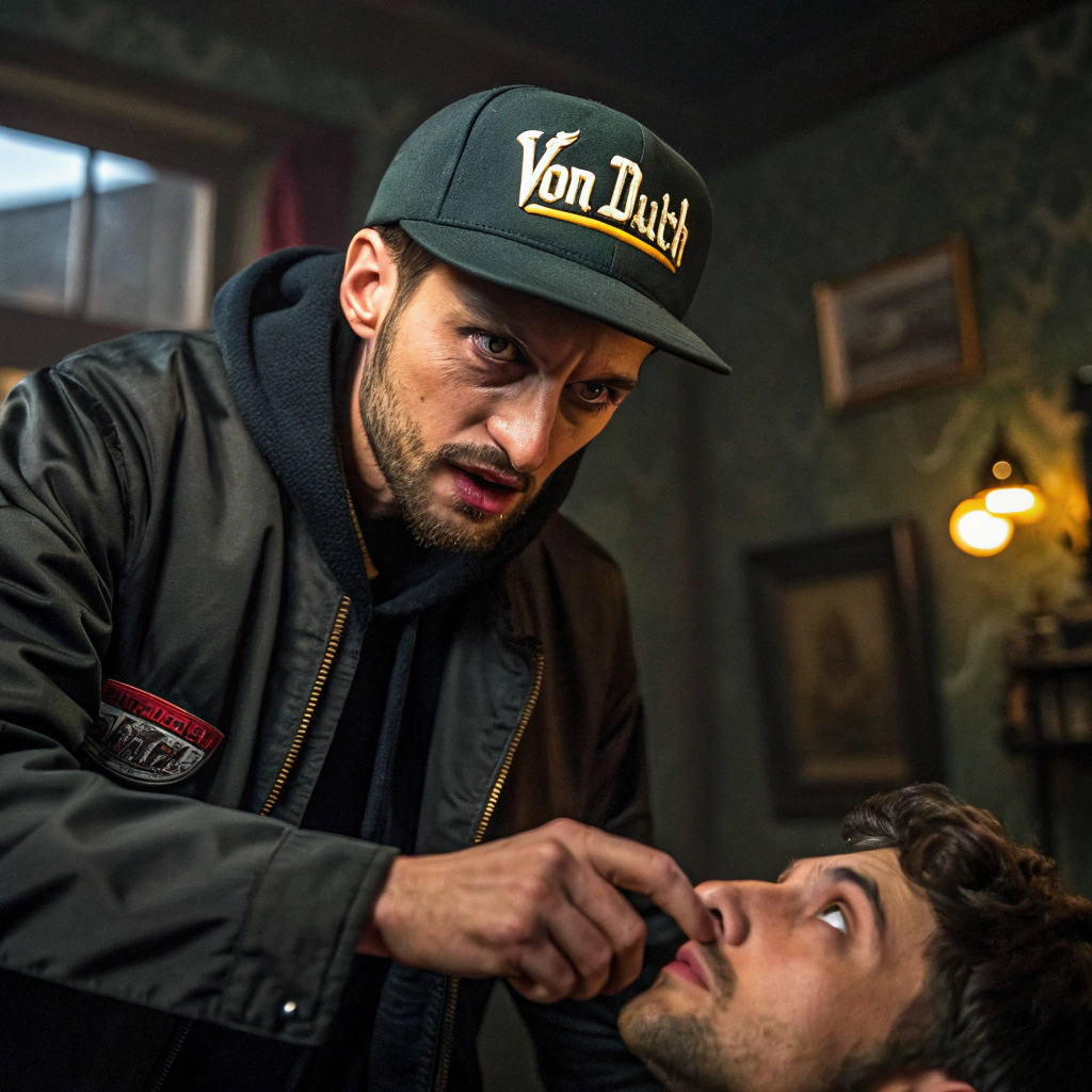 AI generated image by FLUX.1-schnell: A picture in action of an modern manipulative wizard in disguise of a dude with a Von Dutch cap working it's victim. 
