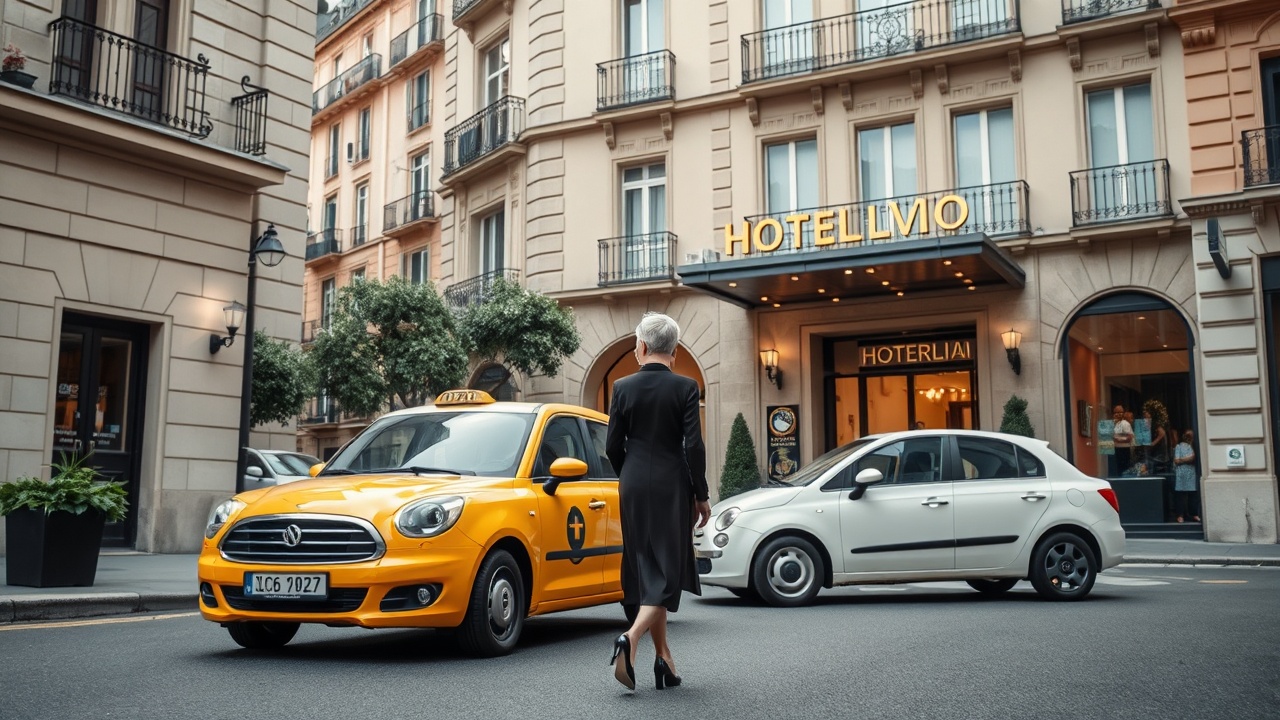 AI generated image by FLUX.1-schnell: crear imagen de una calle con un taxi de Barcelona aparcado frente a un hotel del que baja una señora elegante de unos cuarenta años y se queda frente al hotel mirándole de espaldas a la calle