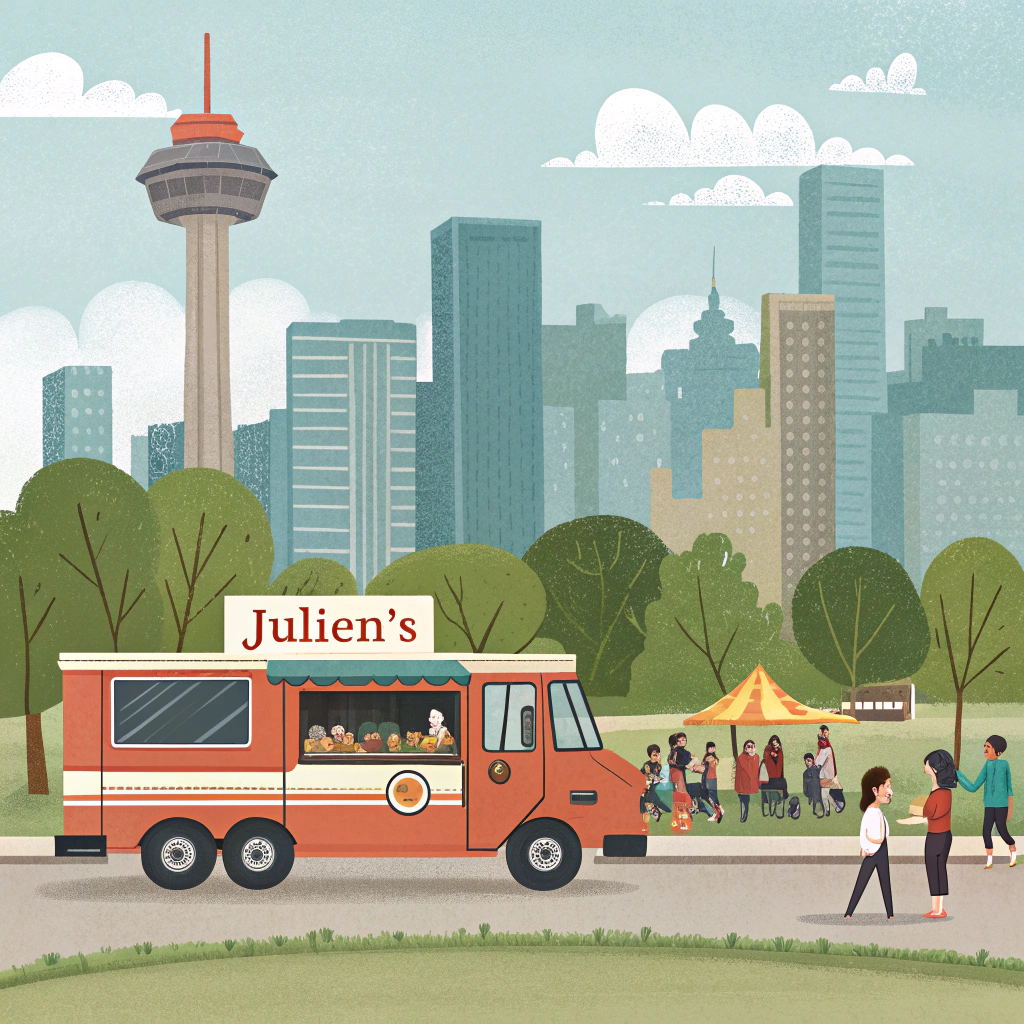 AI generated image by Red Panda AI: A friendly food truck setup near a recognizable Calgary landmark (like the Calgary Tower or a downtown park), capturing Julien's food service focus and his dream of opening his own food truck.
