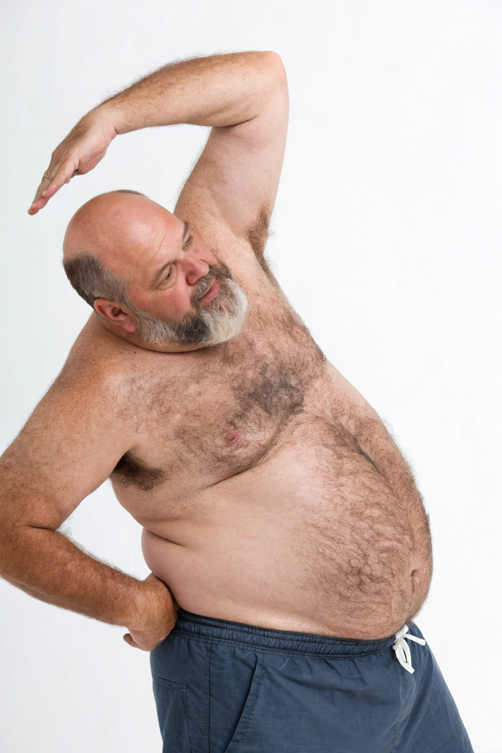 AI generated image by Red Panda AI: a studio photo of a slightly overweight 50 year old hirsute man stretching. Man has heavy amount of body hair, hairy chest pattern, expanding his bloated heavy bearded-belly, bald head, white goatee