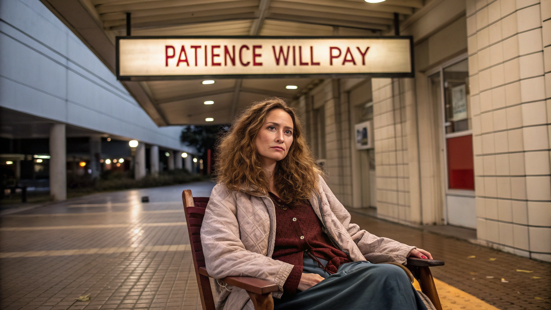 AI generated image by Red Panda AI: A realistic digital illustration of a female in her 30s with long, loosely wavy brown hair. She has an oriental appearance with a soft, she sits in chair under a sign that says "Patience Will Pay"