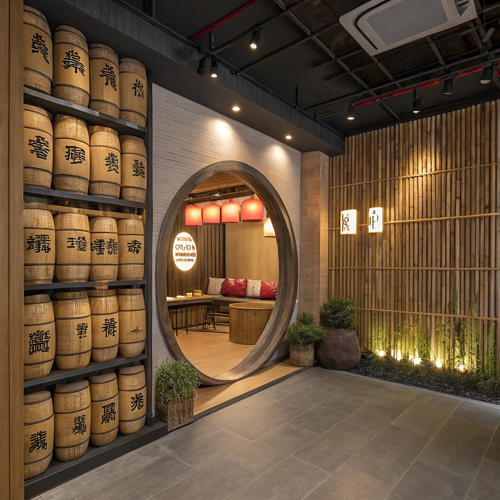 AI generated image by Red Panda AI: I need picture of enterior for restaurant and auahi bar. Japanese style with elements and sake barels. I need in entrance in the wall big circle with pilows inside for people to take pictures in side. Around of circlw shuld be wall of the bambo sticks. I need LED light in wals and sushi bar for decoration.