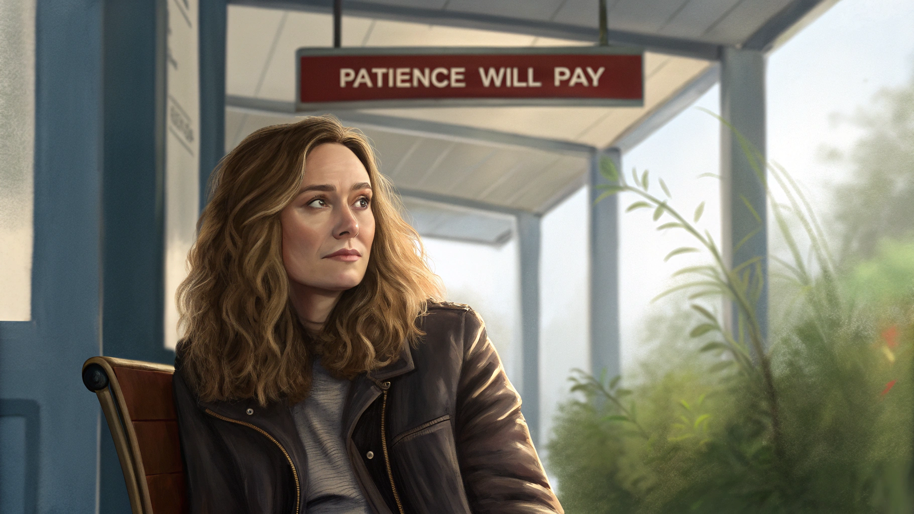 AI generated image by Red Panda AI: A realistic digital illustration of a female in her 30s with long, loosely wavy brown hair. She has an oriental appearance with a soft, she sits in chair under a sign that says "Patience Will Pay"