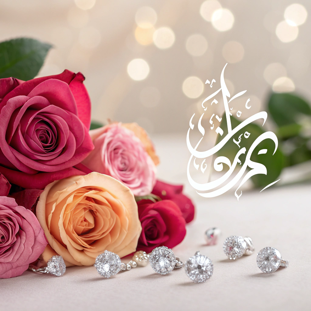 AI generated image by Red Panda AI: An elegant composition featuring vivid roses and sparkling diamonds arranged artfully. In the center, the name 'ياسمين' is written in flowing, graceful Arabic calligraphy. The background is softly blurred to emphasize the roses, diamonds, and calligraphy, creating a luxurious, delicate atmosphere with rich, harmonious colors that highlight the beauty and brilliance of each element.